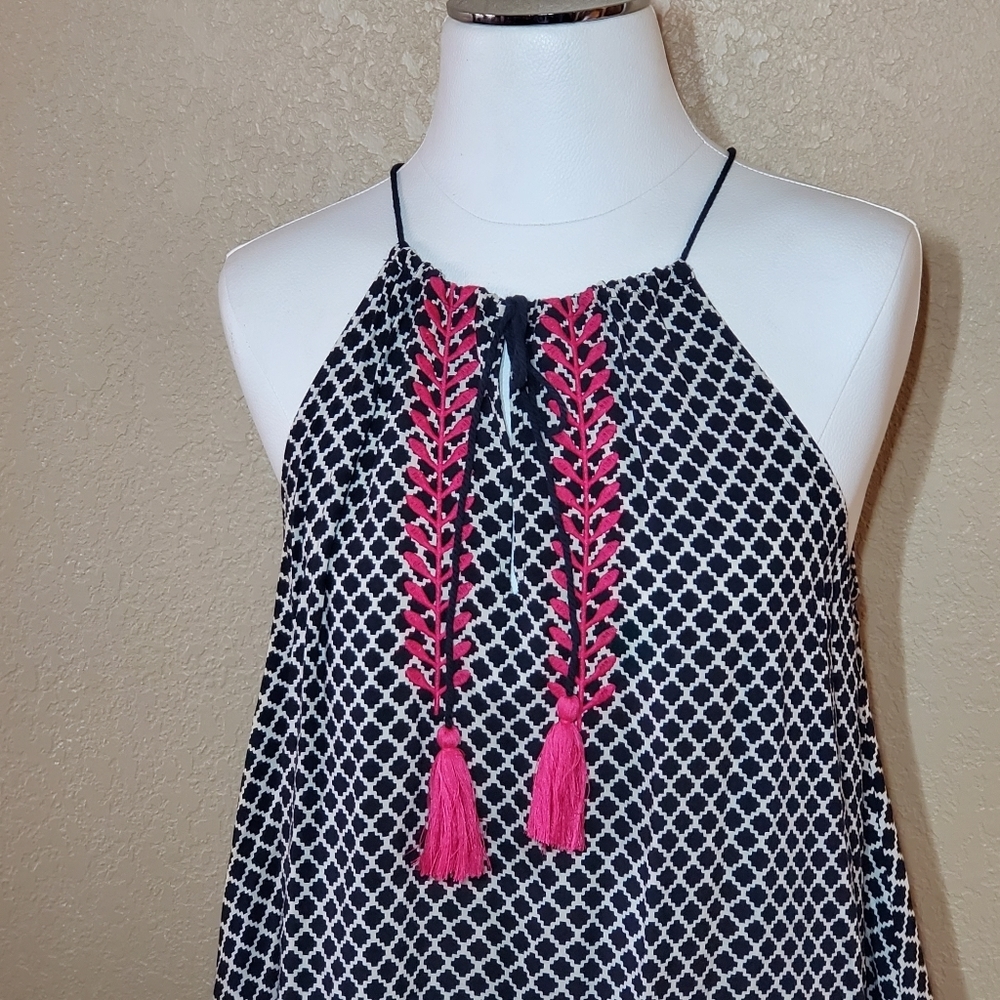 THML Black and White Halter Mini Dress w/ Pink Embroidered Accents Size M - Picture 3 of 4